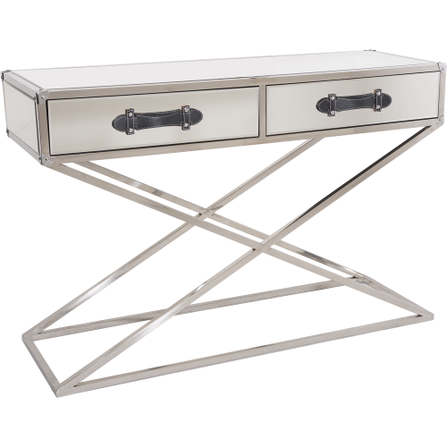Konsola Segreto Lustrzana 120x40x95cm z chromowanym metalowym stelażem w kształcie krzyża, podwójna szuflada z lustrzanym frontem i czarnymi uchwytami. Ujęcie frontalne na jednolitym tle, produkt stoi stabilnie.