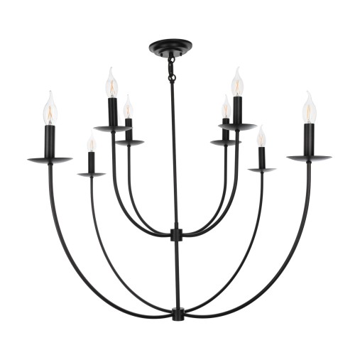 Czarna lampa sufitowa modern farmhouse o średnicy 60 cm, z sześcioma ramionami na żarówki w kształcie świec z metalowymi talerzykami, wisząca, minimalistyczna na białym tle.