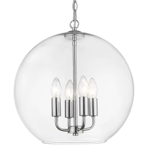 Chromowana lampa sufitowa Serale II, 40 cm średnicy, 41 cm wysokości, z przezroczystym szklanym kloszem i czterema żarówkami w kształcie łez, na białym tle w frontalnym ujęciu.