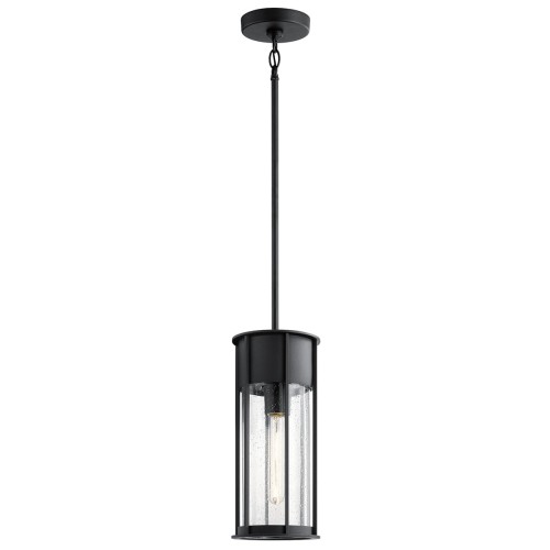 Wisząca latarnia Como, czarna teksturowana, cylindryczna z przezroczystymi panelami i widocznym źródłem światła. Minimalistyczny metalowo-szklany design na prostym tle.