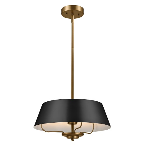 Lampa wisząca Ancona z czarnym kloszem i złotym metalowym stelażem, zawieszona na cienkim, złotym ramieniu. Klosz ma nowoczesny, szeroki kształt i jest umieszczony pod kątem, co podkreśla jego elegancki design. Tło białe, minimalistyczne.