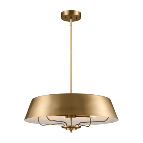 Lampa wisząca Ancona w kolorze szczotkowanego naturalnego mosiądzu, okrągła, z cienką osłoną u dołu. Produkt zawieszony na cienkim przewodzie, widoczny z frontalnej perspektywy. Estetyczny design z umieszczonymi wewnątrz żarówkami.