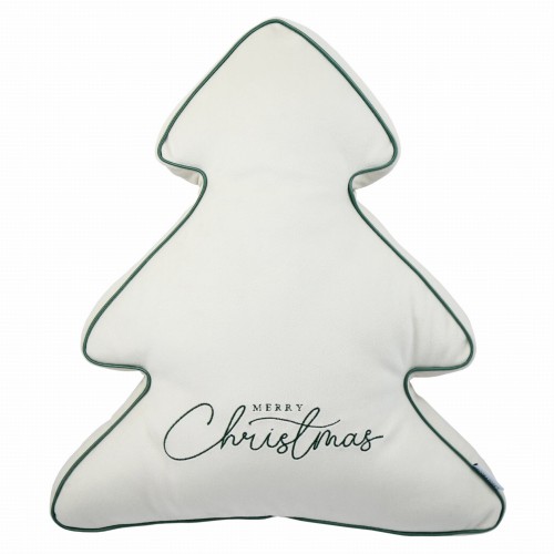 Poduszka Choinka 3D w kształcie choinki, w kolorze białym z zielonym obszyciem. Widoczny haft z napisem MERRY Christmas. Ułożona w pozycji stojącej. Gładka faktura materiału, idealna do dekoracji świątecznych wnętrz.