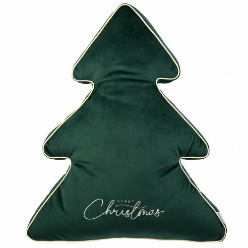 Poduszka w kształcie choinki, w kolorze ciemnozielonym z beżowym obszyciem. Widoczne haftowane napisy „MERRY CHRISTMAS” na przedniej stronie. Produkt leży w pozycji poziomej na białym tle, pokazując miękką, welurową fakturę materiału.