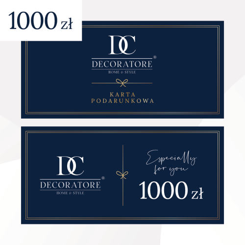 Bon podarunkowy o wartości 1000 zł w ciemnoniebieskiej tonacji, z eleganckim złotym obramowaniem. Na górze widoczny napis KARTA PODARUNKOWA, a na dolnej części, w delikatnym kroju pisma, napis Especially for you. Stojący, na jasnym tle.