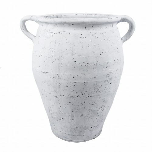 Wazon Ibiza o wysokości 41 cm, ceramiczny, w kolorze białym z delikatnymi czarnymi żyłkami. Stojący, o zaokrąglonym kształcie z dwoma uchwytami. Gładka faktura, na jednolitym tle. Idealny do dekoracji wnętrz i aranżacji kwiatowych.