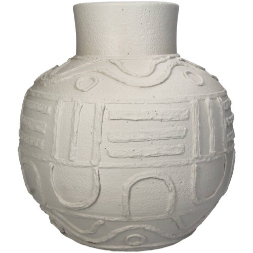 Wazon Fresco Terracotta w jasnym beżu, wysokość 24 cm, o zaokrąglonym kształcie. Powierzchnia z widoczną, teksturalną dekoracją w formie linii i wzorów. Ujęcie frontalne, stojący, na jasnym tle, podkreślającym fakturę i detale.