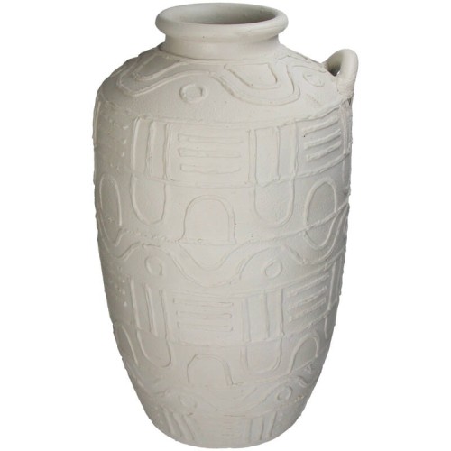 Wazon Fresco w jasnym beżu, wys. 56 cm, o lekko teksturowanej powierzchni z dekoracyjnymi wzorami. Produkt widoczny z boku, w pozycji stojącej na jednolitym tle, lekko zaokrąglony u dołu, z wąskim otworem na górze.