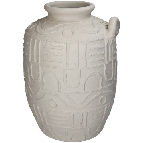 Wazon Fresco w odcieniu jasnego beżu, wykonany z terakoty, o wysokości 38 cm. Ozdobiony żłobieniami i dekoracyjnymi wzorami, z lekko zaokrąglonym brzegiem. Ujęcie z boku, stojący, na jednolitym tle.