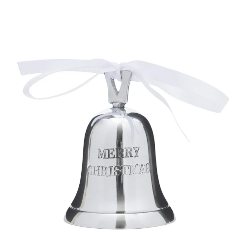 Elegancki srebrny dzwonek świąteczny o wysokości 10 cm z wytłoczonym napisem MERRY CHRISTMAS. Produkt umieszczony na jednolitym tle, z białą wstążką u góry. Gładka, błyszcząca powierzchnia dodaje mu efektownego wyglądu.