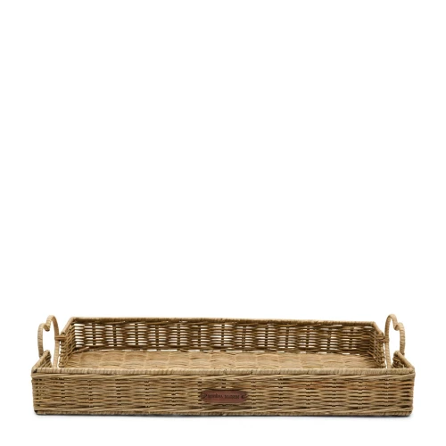 Taca rattanowa Happy Heart 51x30 cm, w kolorze naturalnym, z prostokątnym kształtem i otwartymi uchwytami. Widoczne logo Riviera Maison. Ujęcie frontalne, produkt leży na płaskiej powierzchni, bez dodatkowych elementów w tle.