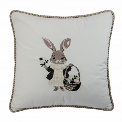 Poduszka Haftowana Dekoracyjna Zajączek Wielkanocny z Koszyczkiem - Różne Kolory Tkanin   2