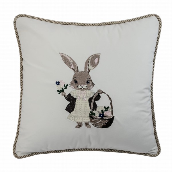 Poduszka Haftowana Dekoracyjna Zajączek Wielkanocny z Koszyczkiem - Różne Kolory Tkanin  