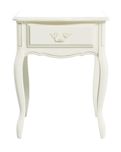 Biały stolik Provencale Laura Ashley o wymiarach 50x42x65 cm, z jedną szufladą z subtelnym wzorem, stojący na lekko zaokrąglonych nogach. Prosta forma odpowiednia do aranżacji wnętrz. Tło białe, minimalistyczne.