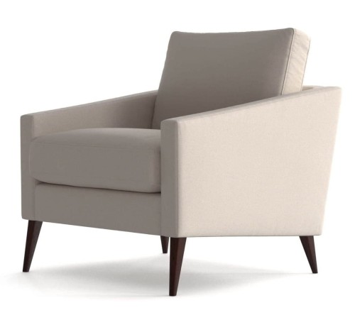 Fotel tapicerowany w kolorze jasnobeżowym, o wymiarach 80x92x82 cm. Posiada szerokie, płaskie podłokietniki i ergonomiczne oparcie. Ujęcie frontalne, na ciemnych, stożkowatych nóżkach z drewna. Idealny do nowoczesnych wnętrz.