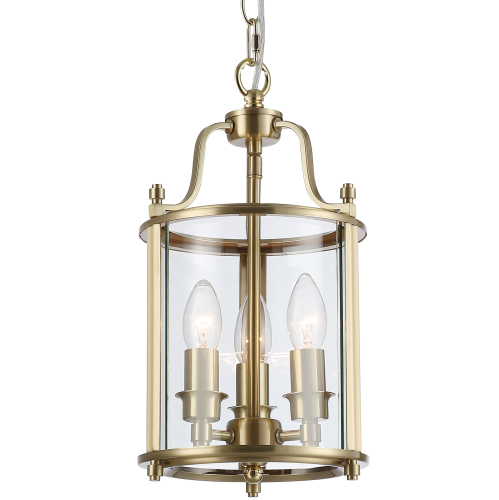 Lampa wisząca New York o mosiężnej obudowie z przezroczystym kloszem. Ma okrągły kształt, wisi na łańcuchu. Widoczne trzy żarówki w kształcie owalu, umieszczone blisko środka. Tło ciemne, produkt wyraźnie eksponowany. Wymiary 37x20 cm.