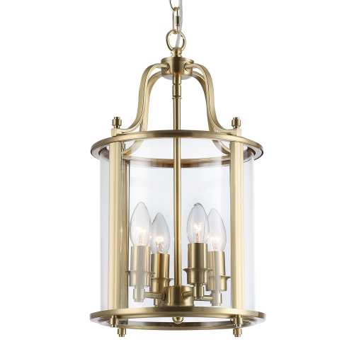 Lampa wisząca New York, mosiądz, średnica 48 cm, wysokość 27 cm, szklane przezroczyste klosze, 4 źródła światła, metalowe detale, stylowy, elegancki kształt.