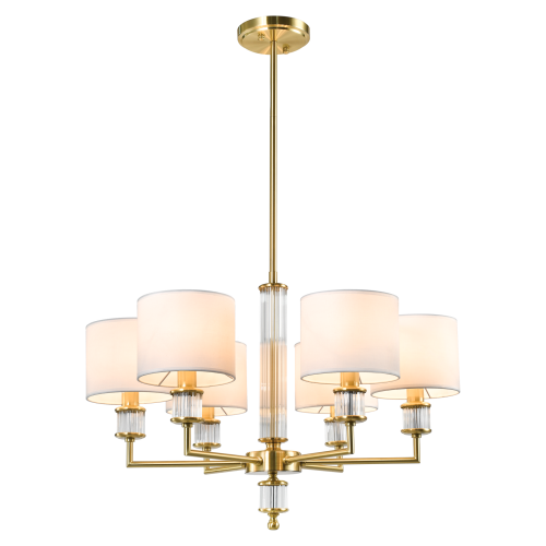 Klasyczna lampa wisząca Sutton w kolorze mosiądzu o wymiarach 47x67 cm. Produkt z pięcioma białymi kloszami zamocowanymi na wysmukłej ramie, widok frontalny. Wysoka jakość materiałów, elegancki design odpowiedni do wnętrz.