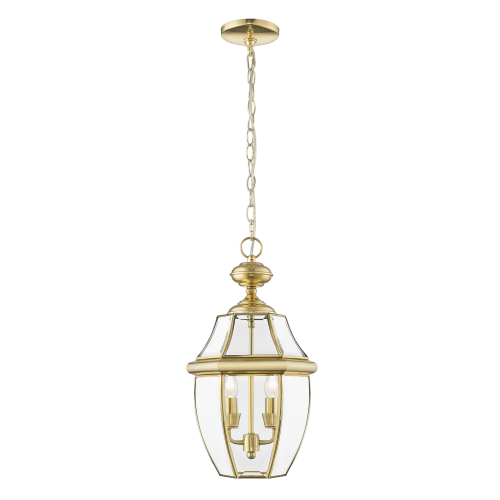 Elegancka lampa wisząca w kolorze złotym o wymiarach 47,5x26,5 cm. Produkt wisi z linki, z sześciokątnym, przezroczystym kloszem i dekoracyjnym detalem na górze. Wnętrze lampy z trzema źródłami światła, umieszczonymi w metalowych oprawach.