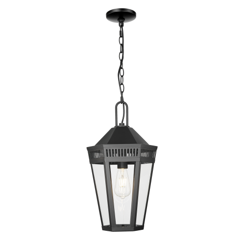 Lampa wisząca Funchal, czarna, 50x28 cm, metal i szkło. Sześciokątna, z łańcuchem, przezroczyste osłony, perforowane detale, elegancki design.