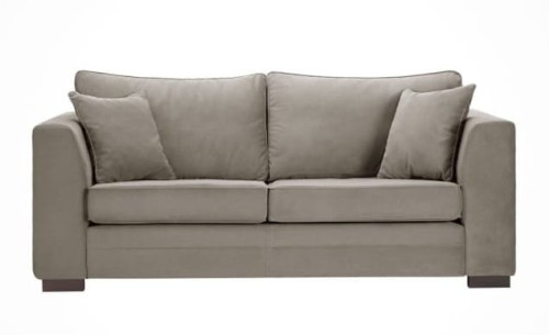 Sofa 2,5-osobowa Cejlon w kolorze jasnoszarym, o wymiarach 186x95x84 cm. W kształcie prostokątnym z dwoma większymi i dwiema małymi poduszkami. Z przodu widoczne gładkie obicie, drewniane nóżki. Stoi na jasnym tle.