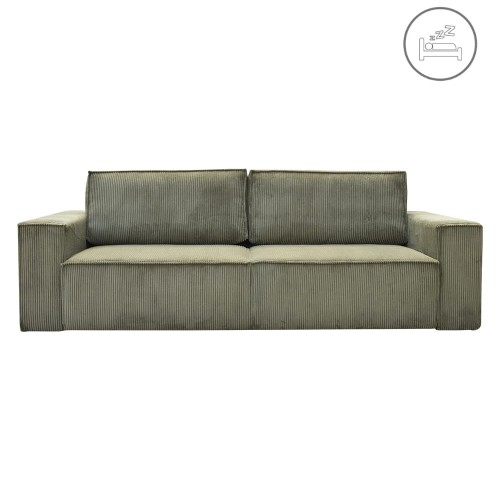 Nowoczesna sofa Liberty w kolorze oliwkowym, z funkcją spania, o wymiarach 233x104x85 cm. Ujęcie frontalne, sofa leżąca na prostym, jasnym tle. Widoczne pionowe przeszycia na powierzchni oraz pełne, szerokie boki zapewniające wsparcie.