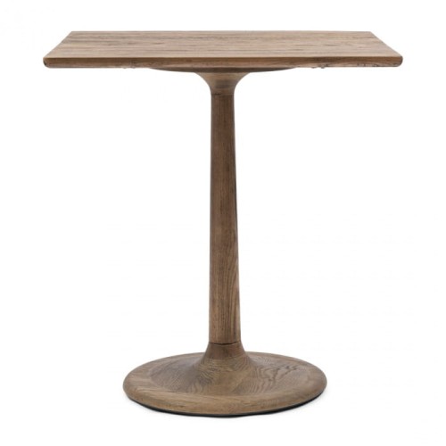Stolik Bistro Oxford 70x70cm z drewnianym blatem i podstawą w kolorze naturalnego drewna. Mebel ma prostokątny kształt, stoi na okrągłej, stabilnej podstawie. Idealny do użytku wewnętrznego i zewnętrznego, na tarasie lub w ogrodzie.