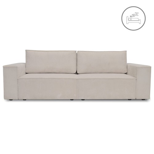 Nowoczesna sofa Michigan z funkcją spania w jasnym, teksturowanym materiale. Ujęcie frontalne, prezentujące dwie poduszki oparciowe oraz szerokie boki. Sofa ma proste linie, wymiary 237x104x85 cm, idealna do nowoczesnych wnętrz.