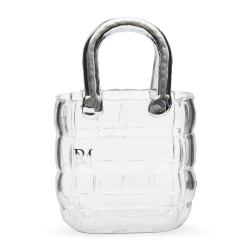 Wazon Lovely Bag S Riviera Maison, szklany, przezroczysty, w kształcie torby z zaokrąglonymi uchwytami i wzorem w kratkę. Ujęcie frontalne, stojący, na białym tle, widoczne logo RM na boku. Idealny do dekoracji wnętrz.