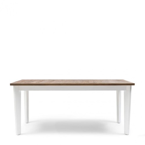 Stół jadalniany Xavier Riviera Maison, o wymiarach 180x90x78 cm, z blatem w kolorze jasnego drewna oraz białymi nogami. Widok frontalny, stół stojący na jednolitym tle. Prosta, nowoczesna forma bez dodatkowych zdobień.