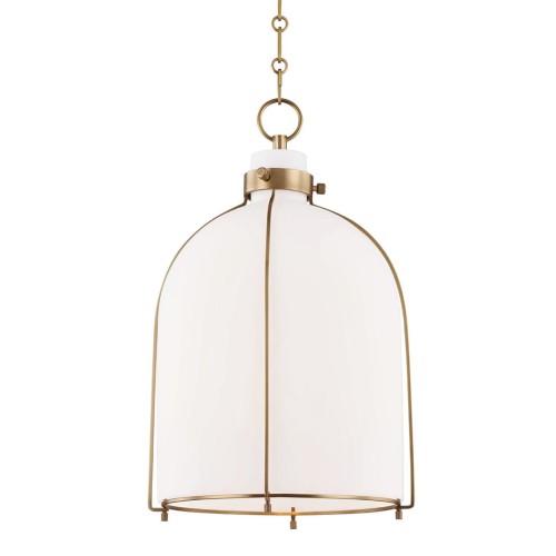 Designerska lampa sufitowa Eldridge wisząca, z przezroczystego szkła i złotej metalowej ramy. Kształt cylindryczny, zwężający się ku górze, z zamocowaniem na łańcuchu. Minimalistyczny design, odpowiednia do nowoczesnych wnętrz.