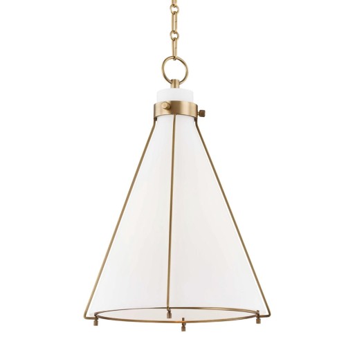 Stylowa lampa sufitowa Eldridge, w kształcie stożka, wykonana z białego szkła i złotego metalu. Ujęcie z przodu, zamontowana, podwieszona na łańcuchu. Przeznaczona do nowoczesnych wnętrz, subtelnie oświetla przestrzeń.