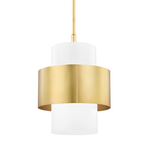 Elegancka lampa sufitowa Corinth L w kolorze złotym i białym, wykonana z metalu i szkła. Wisząca, z okrągłym, matowym kloszem i połyskującą oprawą. Ujęcie frontalne, pokazujące całość konstrukcji oraz elementy wykończenia.