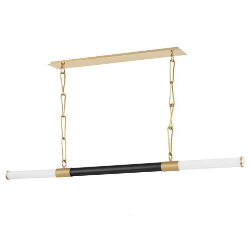 Stylowa lampa sufitowa Huntington w kolorze czarno-białym, z metalowymi złotymi detalami. Ujęcie z przodu, produkt wiszący na złotych łańcuszkach. Kształt prostokątny, z dwiema końcówkami z białego szkła. Proste tło.