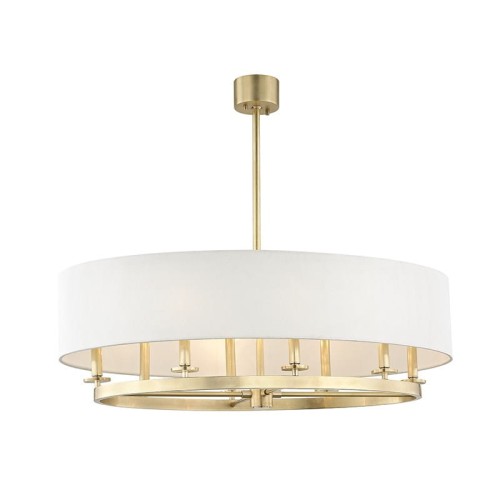 Klasyczna lampa sufitowa Durham XL o okrągłym kształcie, białym abażurze i złotej podstawie, wisząca na cienkim stelażu, zapewnia równomierne światło i elegancki wygląd. Produkt na białym tle.