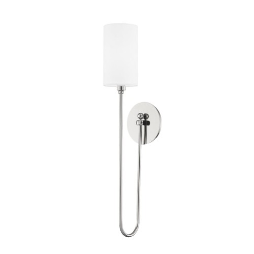 Elegancki kinkiet Harlem w kolorze niklu z prostą, cylindryczną oprawą ze szkła. Produkt wiszący, montowany na ścianie, z wyraźną, lśniącą powierzchnią metalu. Tło jasne i proste, podkreślające minimalistyczny design.