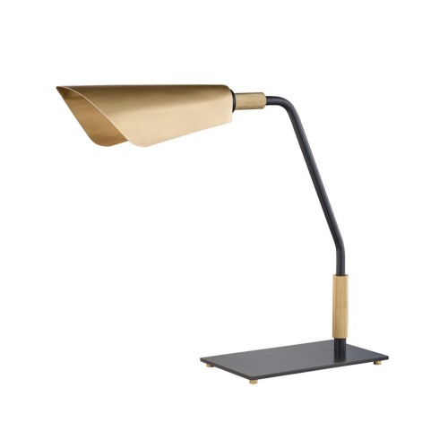 Mosiężna lampa biurkowa Bowery o asymetrycznym kloszu w kształcie wachlarza, z czarnym metalowym ramieniem i prostokątną podstawą. Widok z boku podkreśla elegancki design oraz zastosowanie materiałów w kolorze mosiądzu i czerni.