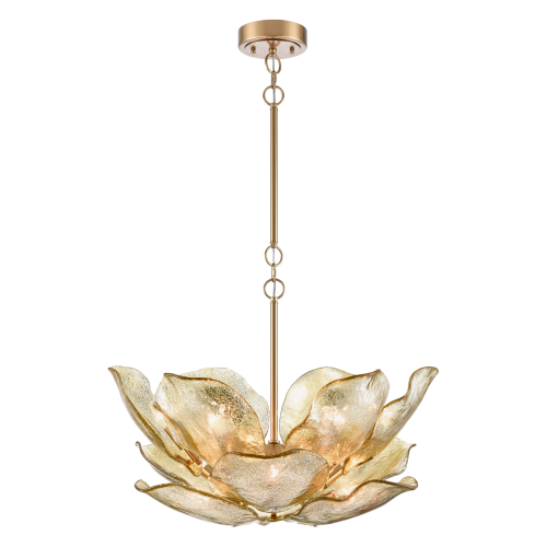 Designerska lampa wisząca Wellington w kolorze mosiądzu o wysokości 55 cm. Produkt ma kształt kwiatów, wykonany z przezroczystego szkła o teksturowanej powierzchni. Zawieszony na metalowym łańcuchu w prostym otoczeniu na czarnym tle.