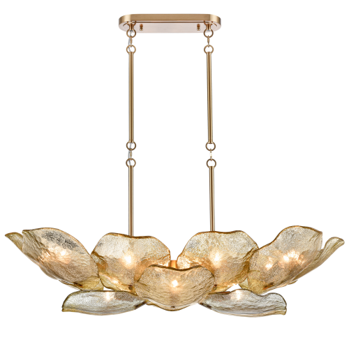 Lampa wisząca Wellington, mosiężna, 27 cm, z sześcioma wypukłymi kloszami-płatkami, na złotej linki, front na czarnym tle, źródła światła widoczne w kloszach.