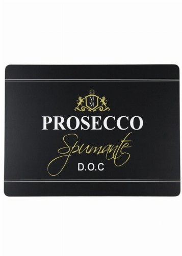 Czarna podkładka na stół o wymiarach 30x40 cm z białym napisem PROSECCO oraz złotym Spumante D.O.C. i herbem w górnej części. Podkładka ma prostokątny kształt, wykończona białą linią na krawędziach. Idealna do dekoracji stołu.