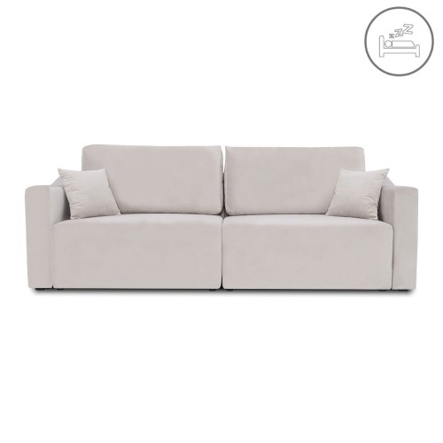 Klasyczna sofa Marion w kolorze jasnoszarym o wymiarach 234x100x90 cm, z funkcją spania. Ujęcie frontalne, z poduszkami w zestawie. Gładka tkanina tapicerowana, prostokątny kształt, proste boki. W tle jednolite, białe tło.