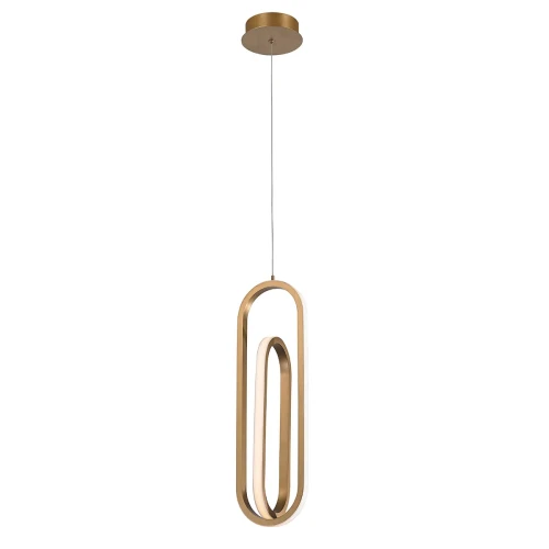 Lampa wisząca Demark w kształcie spinacza papieru, ze szczotkowanego złota, zawieszona na cienkim kablu. Proste tło podkreśla jej nowoczesny, elegancki design. Widoczna długość przy montażu.