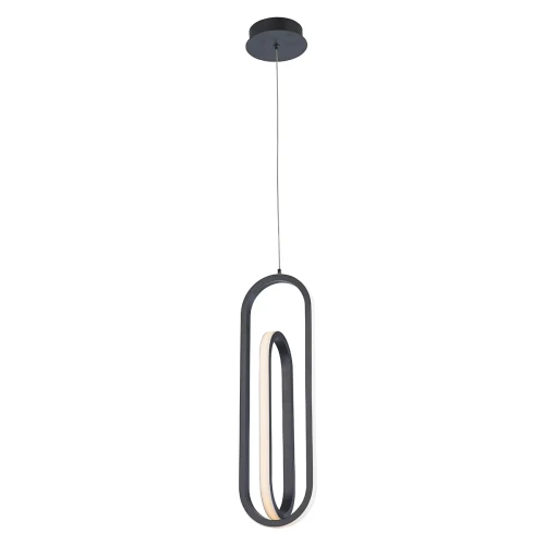 Stylowa lampa wisząca Demark w matowej czerni. Ekskluzywna konstrukcja w kształcie wydłużonego owalu z efektem zintegrowanego oświetlenia. Produkt zawieszony na cienkim przewodzie, na jednolitym tle.
