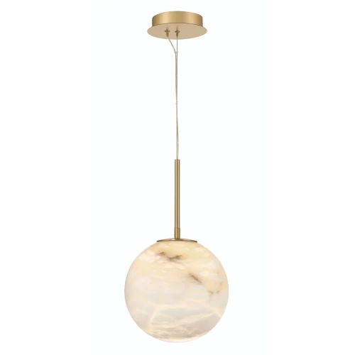 Designerska lampa wisząca Kepler w złotym wykończeniu z przezroczystym kloszem w kształcie kuli. Kąt ujęcia frontalny, wisząca na cienkim kablu. Nowoczesny element efektywnego oświetlenia, idealna do eleganckich wnętrz.