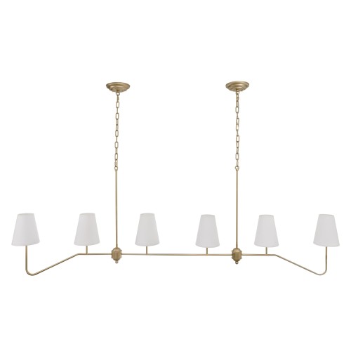 Lampa sufitowa wisząca Agello XL w kolorze złotym, o wymiarach 100x180 cm. Składa się z pięciu białych kloszy w kształcie stożków, zamontowanych na metalowej konstrukcji. Produkt wiszący, zawieszony na łańcuchach, na jasnym tle.