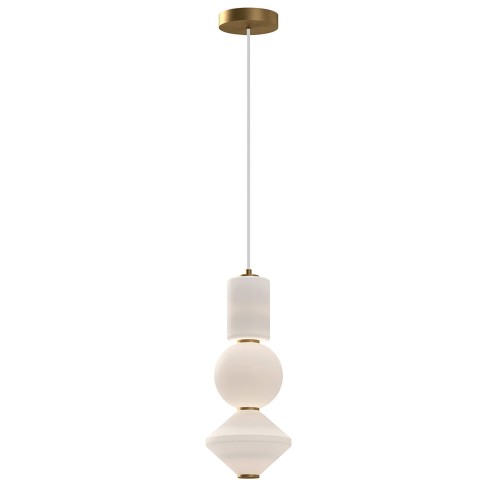 Stylowa lampa wisząca LED w odcieniach bieli i złota, posiada trzy geometryczne elementy: cylindryczny, kulisty i diamentowy. Zawieszona na cienkim, białym przewodzie w pomieszczeniu, na tle białej ściany. Umożliwia nowoczesne oświetlenie wnętrz.
