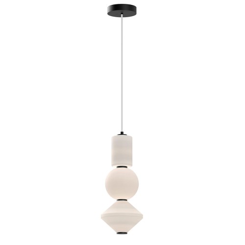 Stylowa lampa wisząca LED w kolorze czarnym z trzema elementami: cylindrycznym, kulistym i stożkowym. Wisi na cienkim kablu, ukazując matowe wykończenie i nowoczesny design. Tło jasne, proste, nacisk na lampę jako główny element.