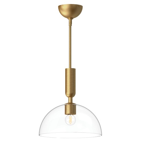 Stylowa lampa wisząca Jude w kolorze złotym z przezroczystym kloszem. Ujęcie frontalne, lampa zawieszona na długim, metalowym wsporniku. Widoczna kulista żarówka. Tło białe, podkreślające elegancki design lampy.