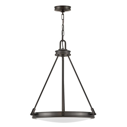 Nowoczesna lampa wisząca Collier w kolorze zgaszonej czerni, o okrągłym kloszu i metalowej konstrukcji. Produkt wiszący, zawieszony na łańcuszku. Tło białe, co podkreśla jego elegancki wygląd i minimalistyczny styl.