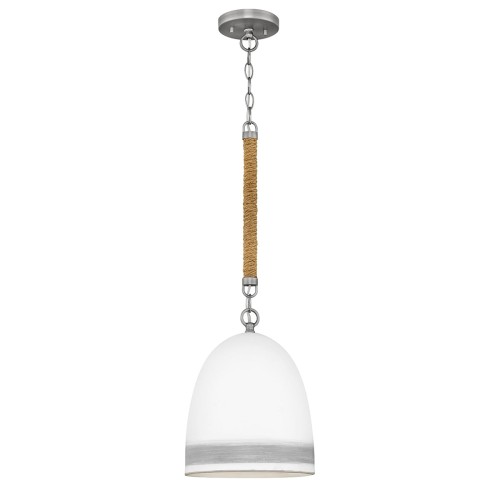 Lampa wisząca w stylu antycznego niklu, z matowym szklanym kloszem o kształcie półkulistym. Zawieszona na długim, plecionym sznurku z juty, całość prezentuje minimalistyczny design. Produkt uchwycony z przodu, na białym tle.